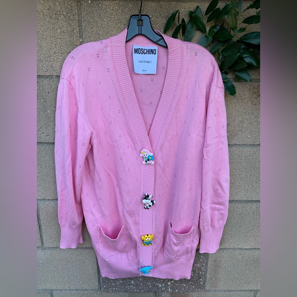Moschino Pointelle-Trimmed Cotton Cardigan in Pink with Large Animal Buttons